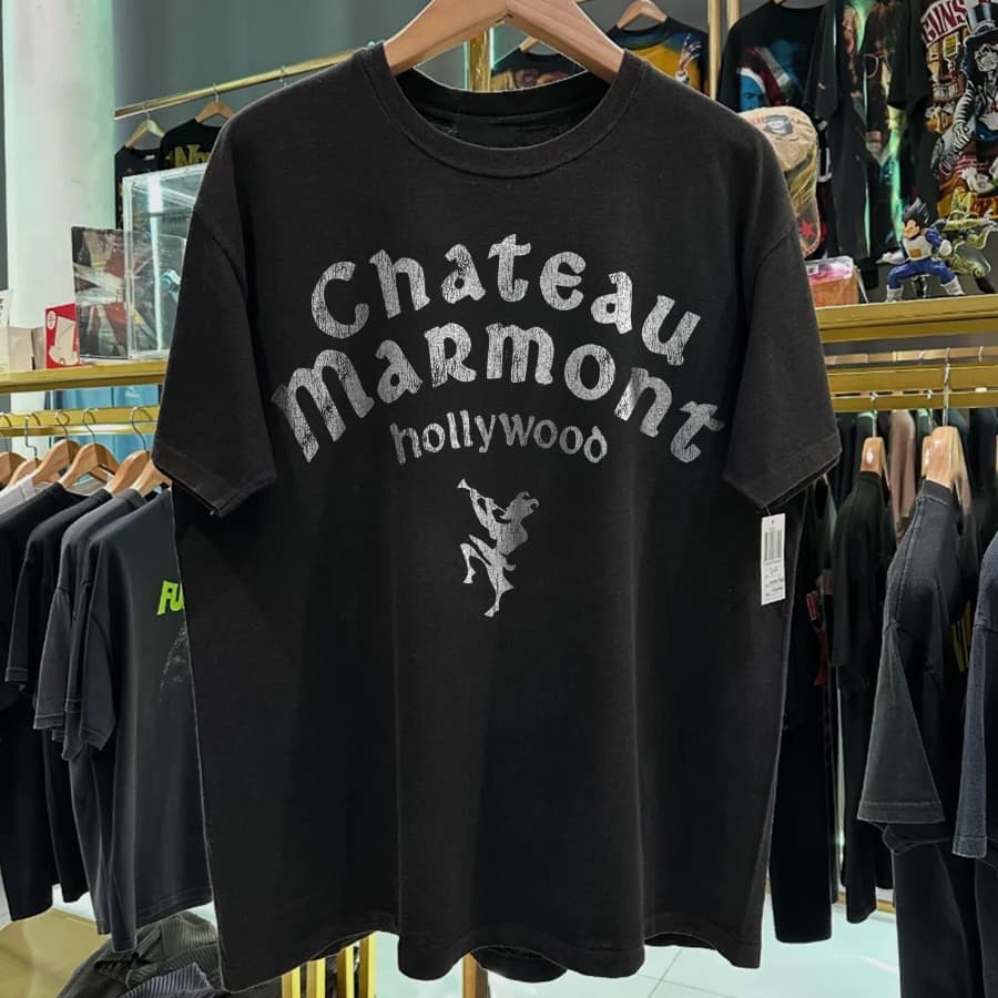 T-shirt noir délavé rare 'Hollywood' du Chateau Marmont des années 90, en coton imprimé, décontracté