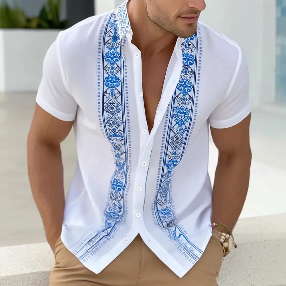 Chemise Guayabera pour homme à imprimé géométrique ethnique 3D, col rabattu, manches courtes, bleu, 