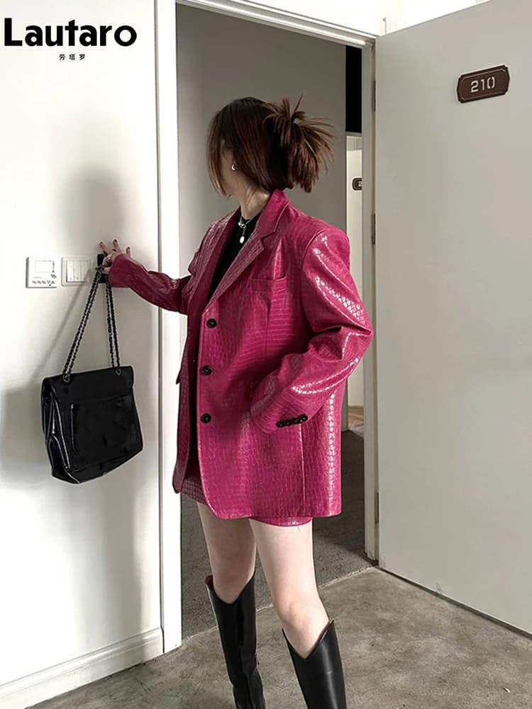 Lautaro-Blazer en cuir PU verni imprimé crocodile pour femmes, décontracté, imprimé crocodile brilla