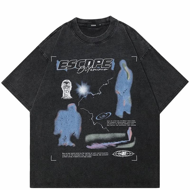 T-Shirt homme lavé noir Vintage Streetwear surdimensionné imprimé mode coréenne coton graphique évas