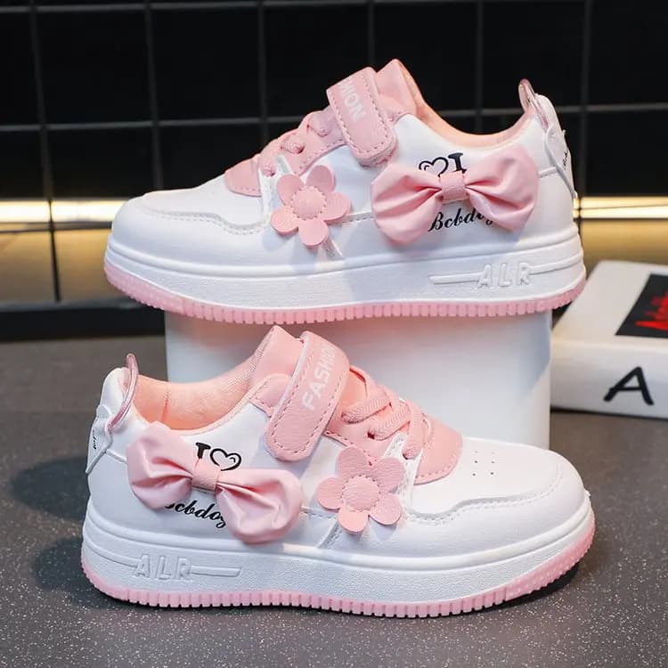 Baskets décontractées respirantes avec nœud décoratif rose pour filles, fleurs 3D, chaussures de spo