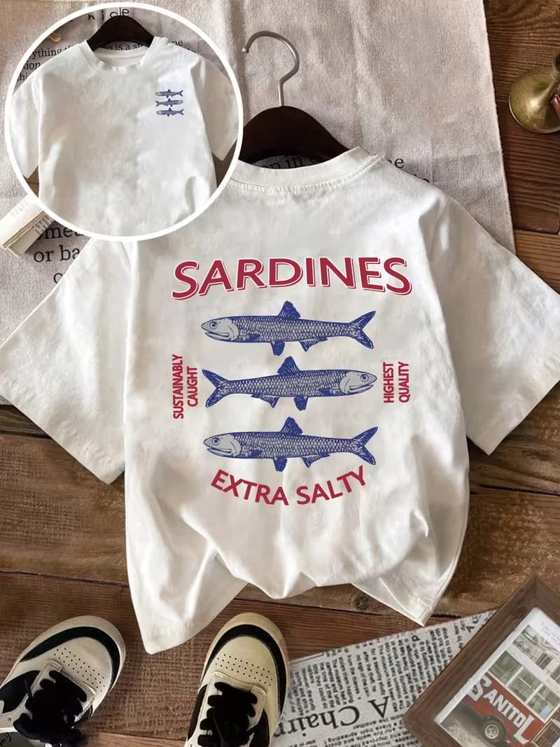 T-shirt vintage pour femme à imprimé sardine nautique, haut décontracté à col rond et manches courte