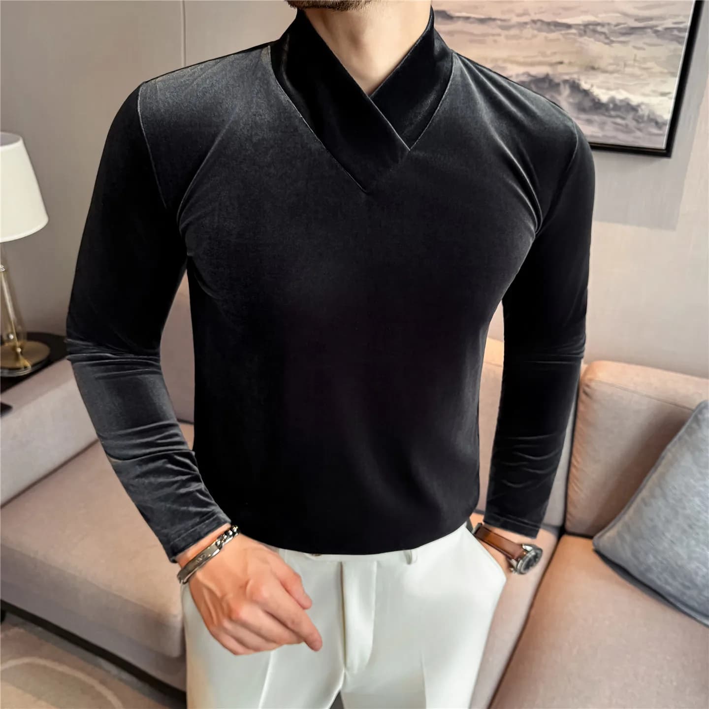Hommes col en v velours T-shirt chaud épaissi automne hiver solide décontracté à manches longues hau