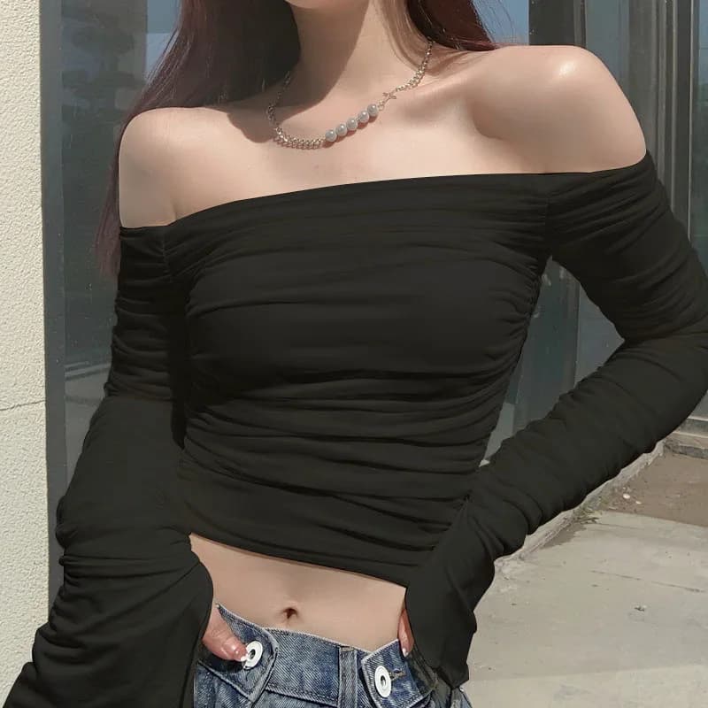 Sexy épaules nues manches évasées ventre nu t-shirt femmes manches longues chemise à bascule dames t