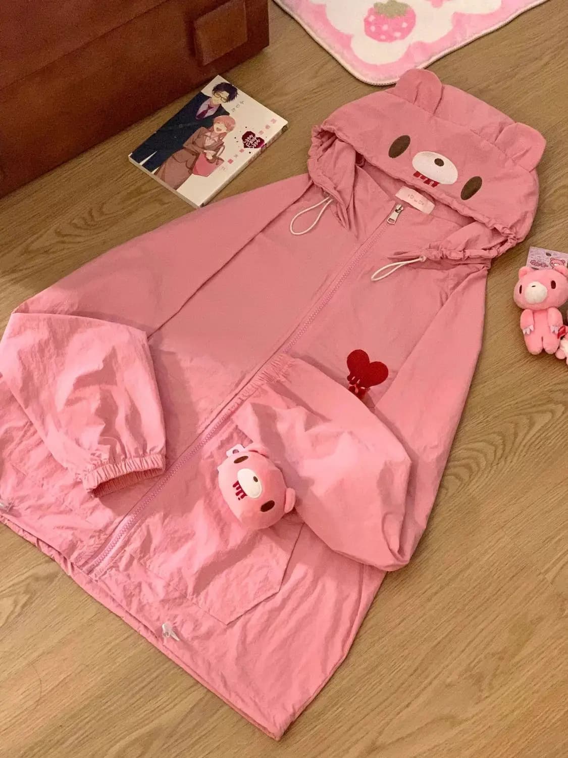 Veste légère d'été à capuche, motif Ours rose sanglant de dessin animé, Ours violent, Lapin morose,