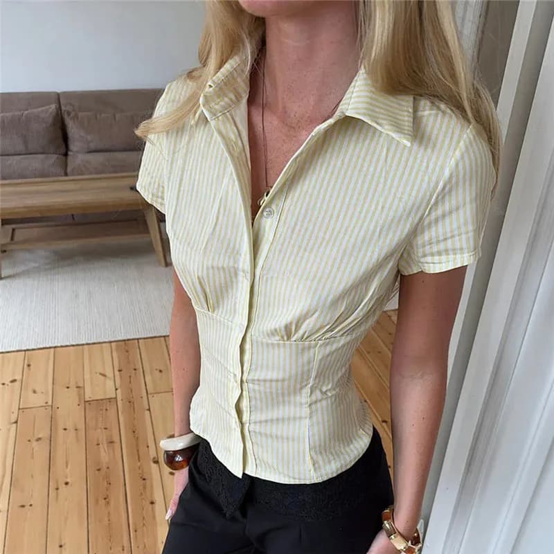 Chemisiers à manches courtes pour femmes, crop top rayé, col rabattu, chemisiers boutonnés, mode est