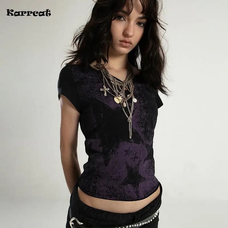 Karrcat Trashy Y2k haut court Grunge esthétique étoile imprimé T-shirt Vintage en détresse à manches