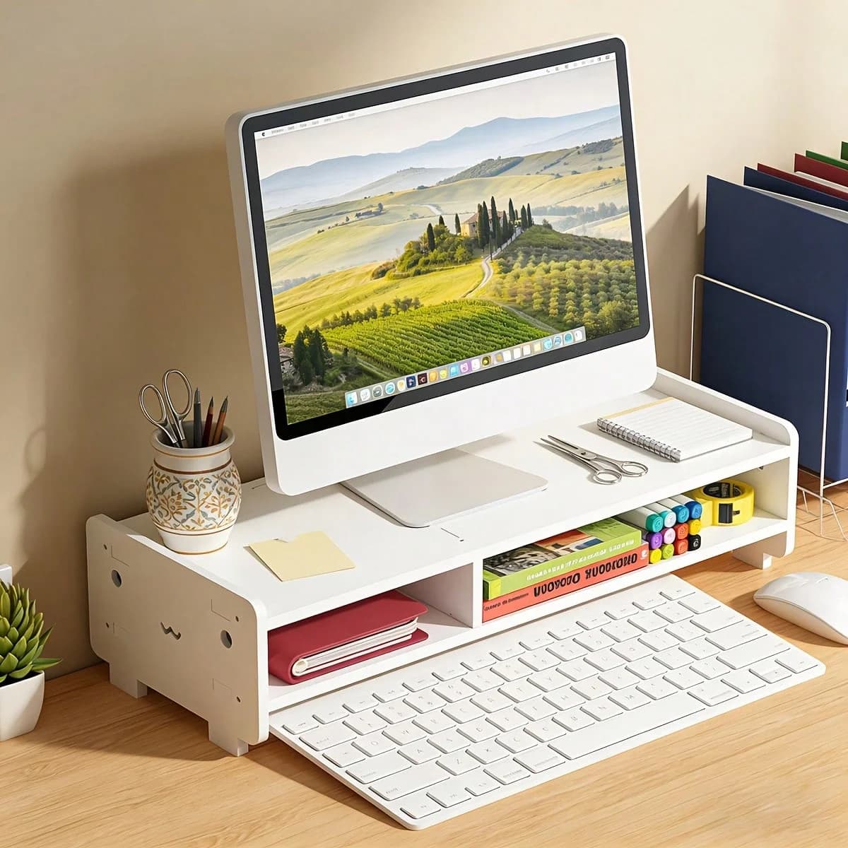 Support d'écran minimaliste avec compartiments de rangement, organiseur de bureau pour la maison et