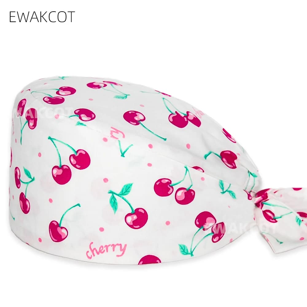 Casquette chirurgicale imprimée cerise pour femmes, en coton, pour femmes et hommes, infirmière, méd