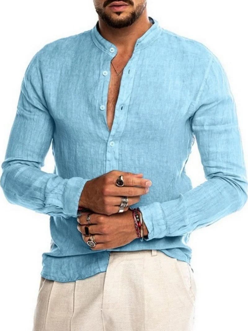 Chemise à manches longues pour homme en lin mélangé, boutonnée, avec col montant, décontractée, légè