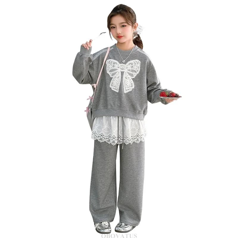 Ensemble sweat-shirt et pantalon avec nœud en dentelle pour adolescentes, costume imbibé, vêtements