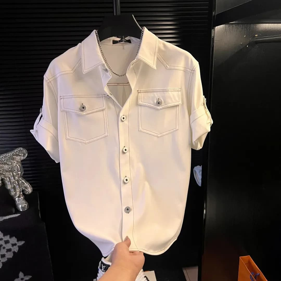 2025 nouvelle chemise à manches courtes hommes revers mode mince polyvalent décontracté bouton épiss