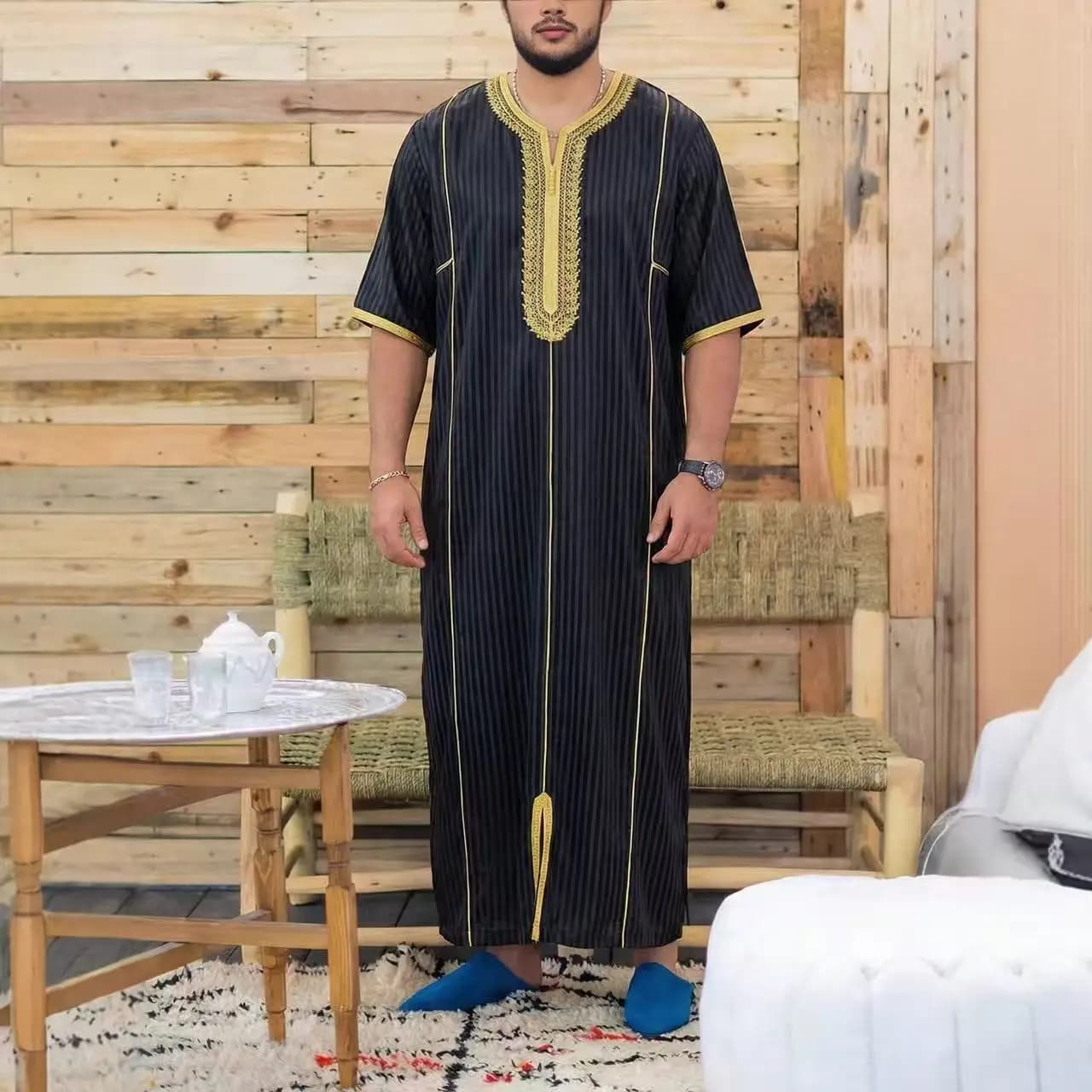 Gandoura marocaine pour hommes musulmans, thobe ample à manches courtes, broderie magnifique, vêteme