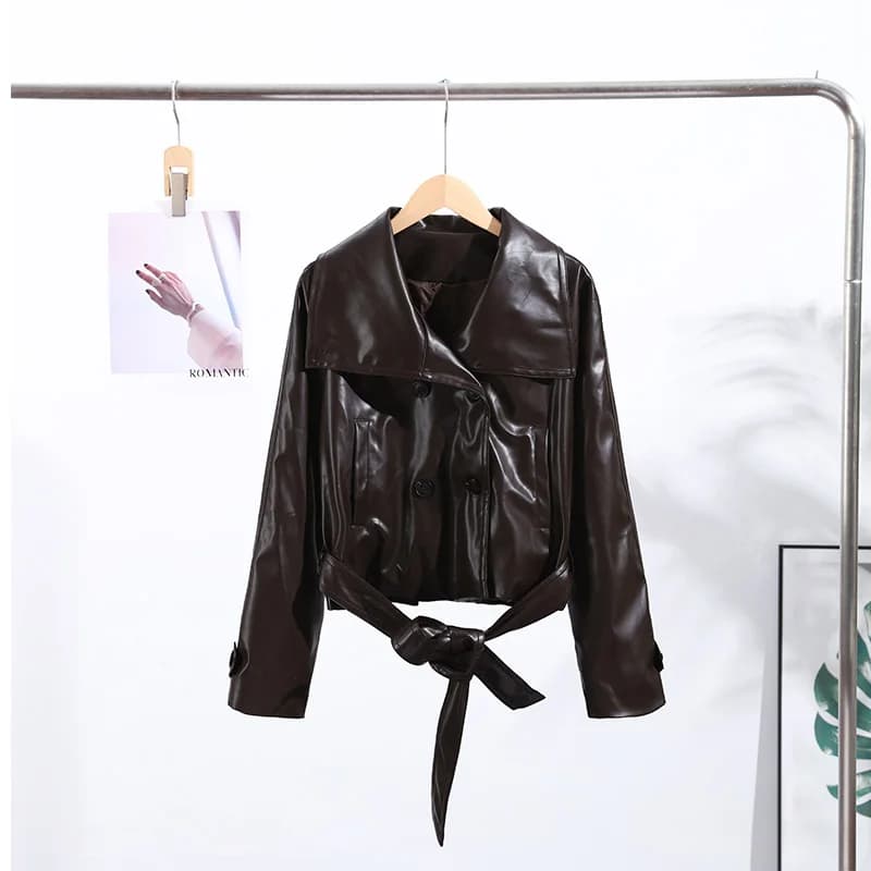 Vestes courtes en cuir avec ceinture de rue pour femmes, col montant, poches à Double boutonnage, ma