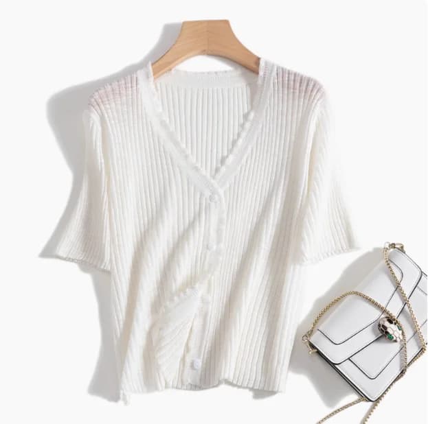 Vêtements d'été fins en lin de bambou pour femmes, cardigan court tricoté à manches courtes, col en 