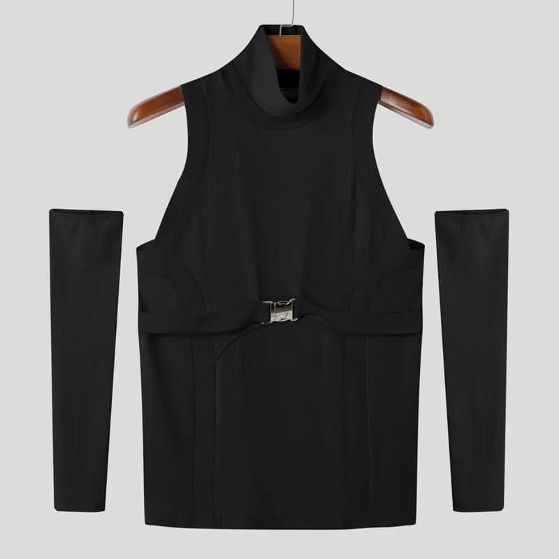 INCERUN hommes t-shirts Patchwork col roulé épaules dénudées à manches longues décontracté hommes vê