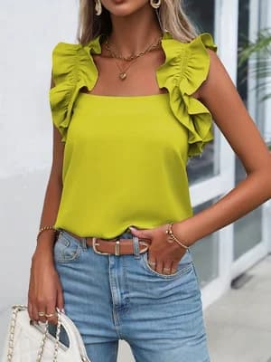 Débardeur à volants vert citron pour femme, col carré, sans manches, ourlet incurvé, tenue décontrac
