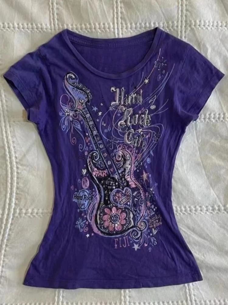 Femmes sous-culture Vintage violet imprimé T-Shirt été Y2k américain rétro mince t-shirts décontract