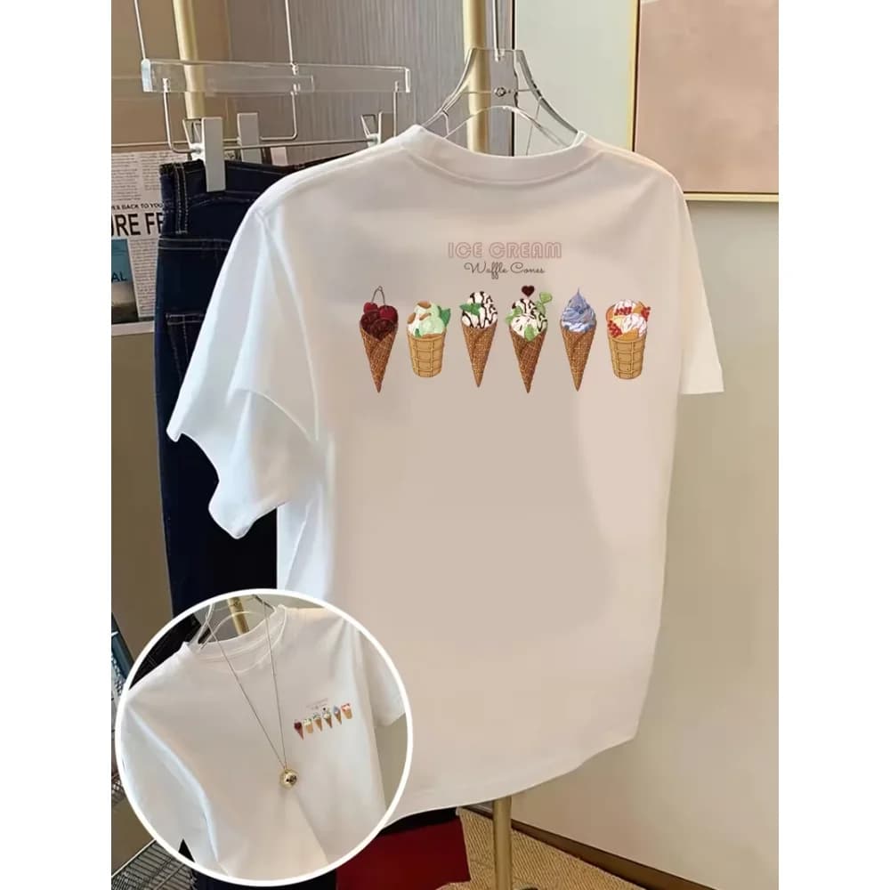 T-shirt rétro pastel à col rond et manches courtes, blanc, décontracté, parfait pour des looks d'été