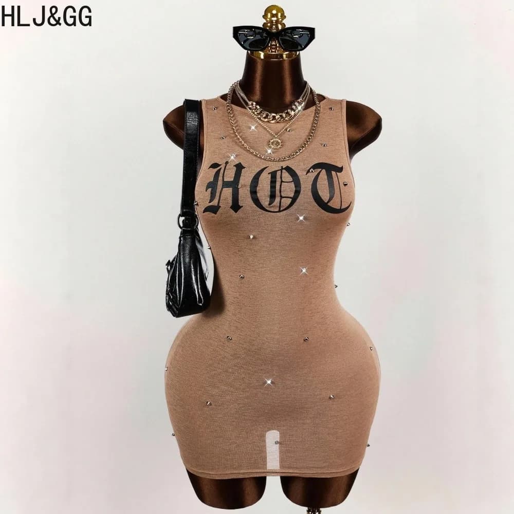 HLJ&GG Robe moulante mini pour femme, imprimé lettres, à rivets, col rond, sans manches, coupe ajust