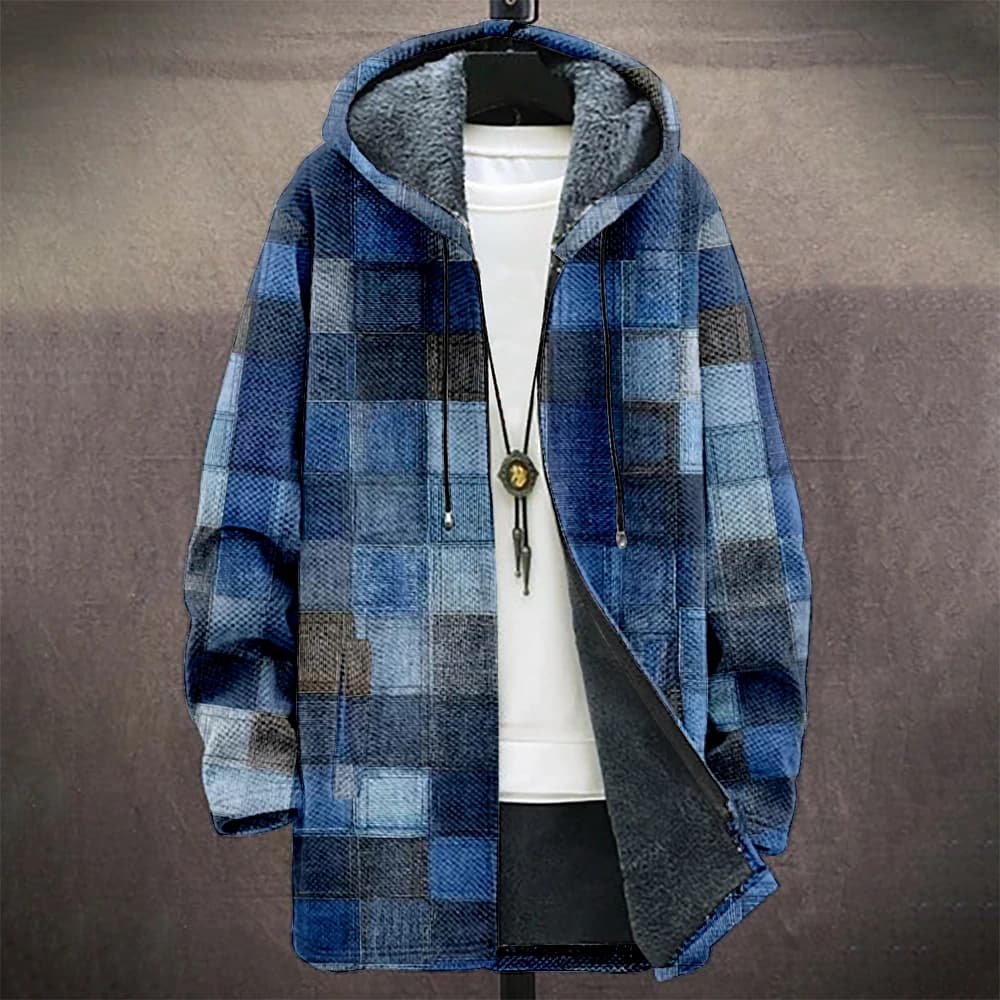 Manteau à capuche à carreaux pour hommes doublé polaire bleu gris veste d'hiver chaude géométrique u