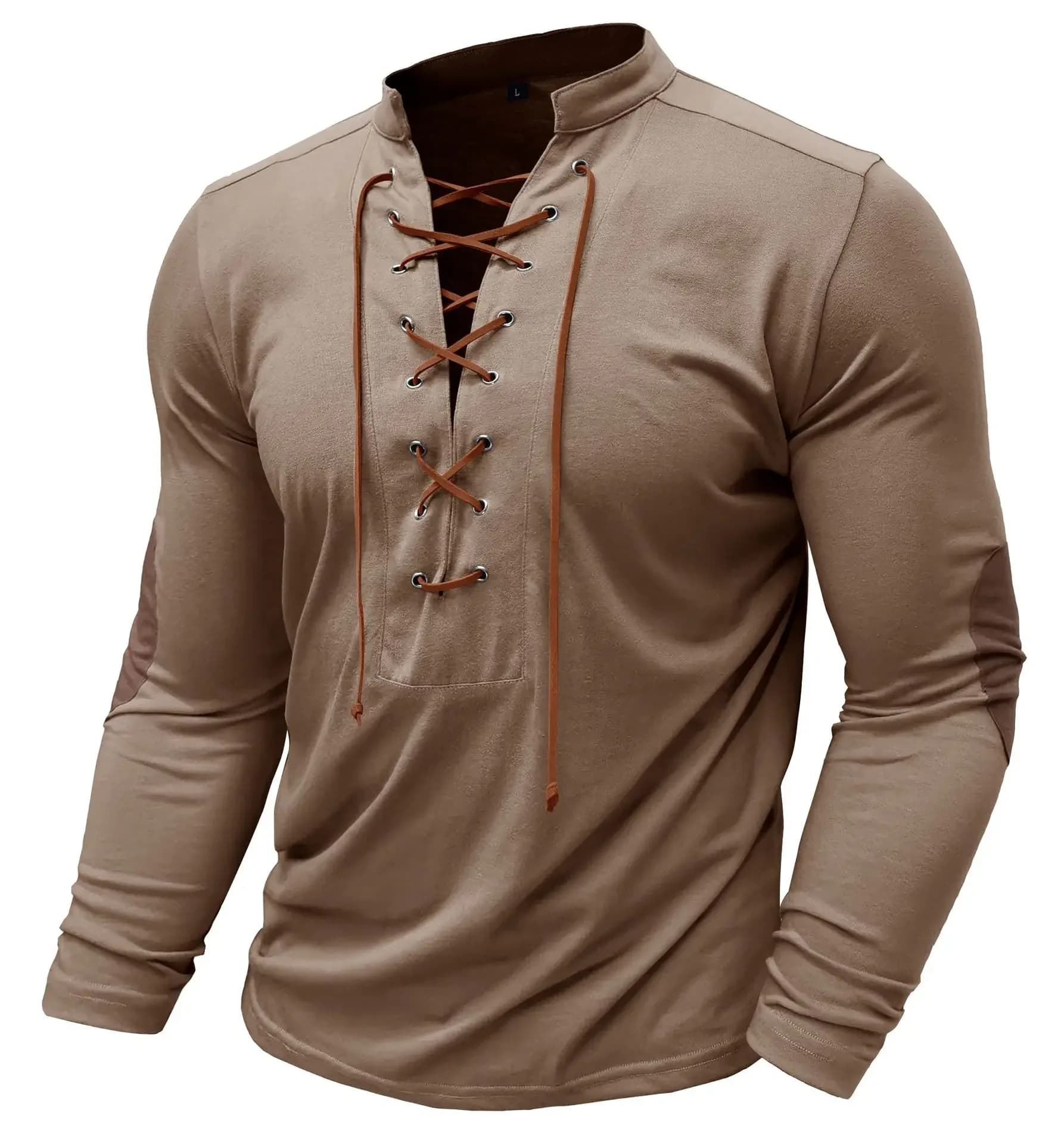 Nouveaux T-shirts Homme à Lacets Coupe Slim Col V Manches Longues Hauts de Sport Décontractés Uni St