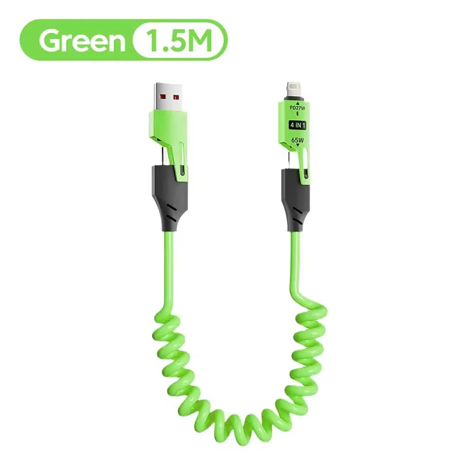 Câble de données court à ressort 4 en 1 65W 6A USB Type C, chargeur rapide télescopique à ressort, c
