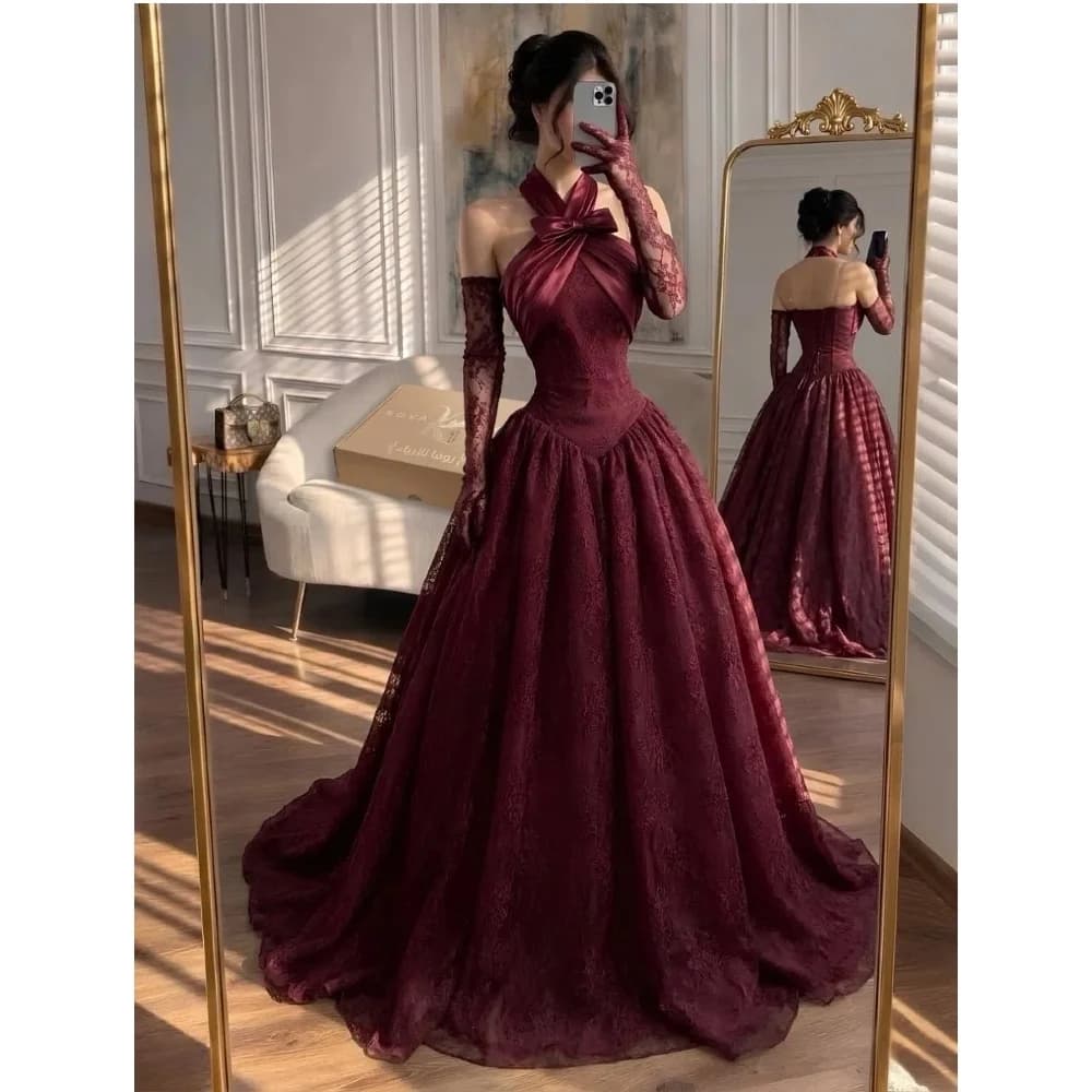 Robes de soirée bordeaux coupe trapèze en dentelle intégrale, col licou, pour femmes, robes de bal v