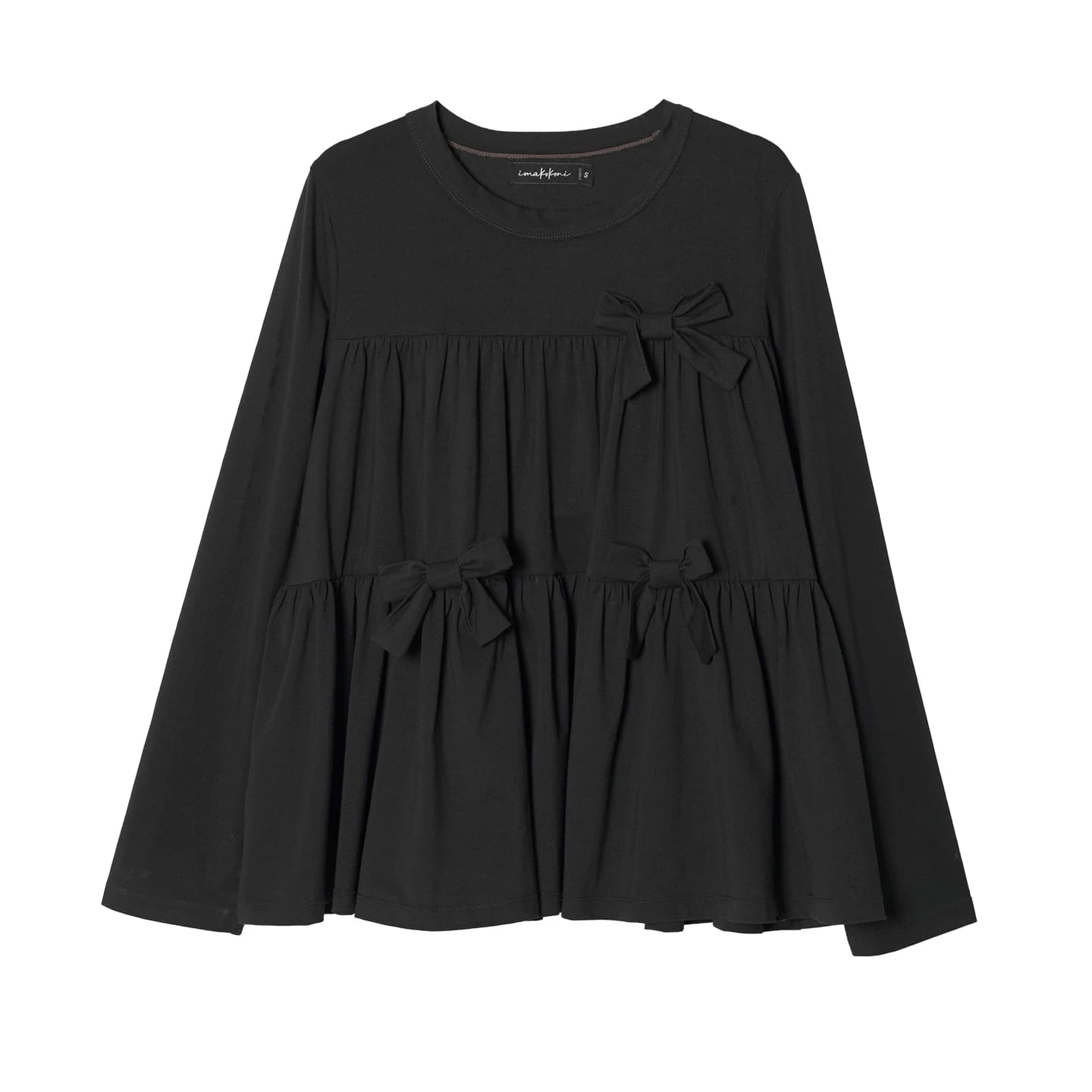 T-shirt noir à manches longues avec détails nœud, design à volants superposés, décontracté pour le q