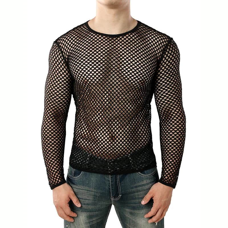 Hommes Transparent Sexy maille t-shirt nouveau voir à travers résille à manches longues Muscle sous-