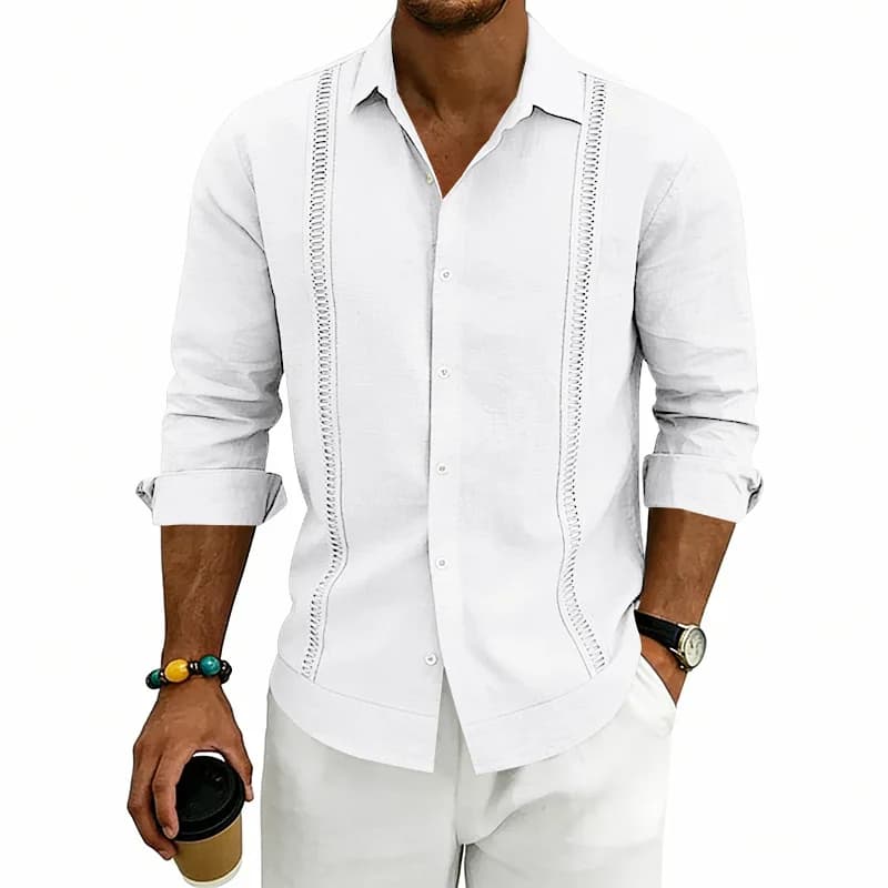 Chemise en lin de style ethnique pour hommes, col tissé, coupe ample, manches longues pour les vacan