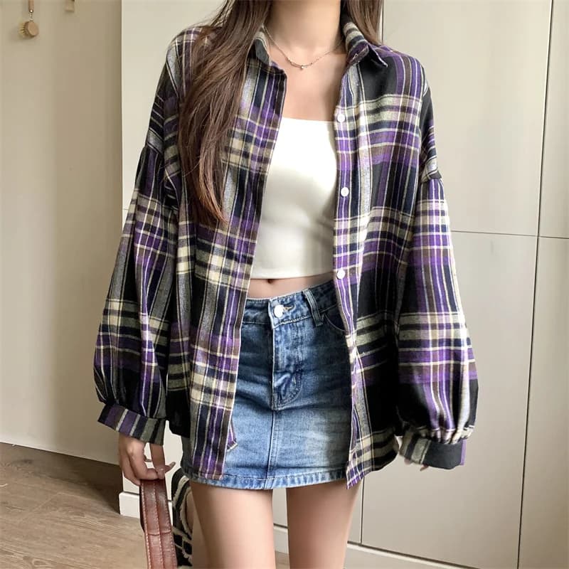 Chemise à carreaux violette pour femmes, chemisier à manches longues, simple boutonnage, haut décont