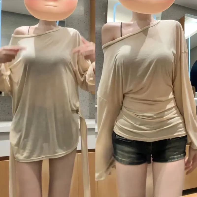 Sexy mince voir à travers à manches longues surdimensionné t-shirt femmes pansement hors épaule haut