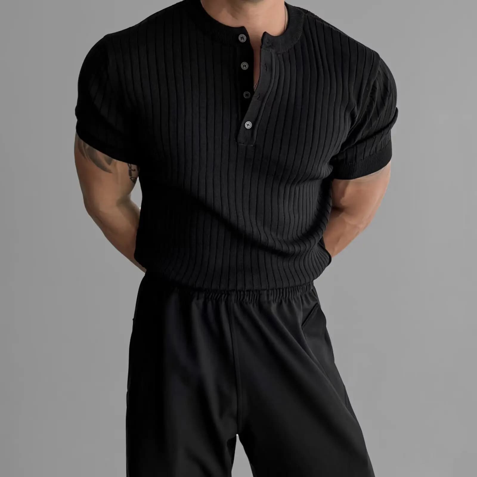 Chemise Henley côtelée ajustée pour homme, manches courtes, boutonnée, décontractée, style muscle
