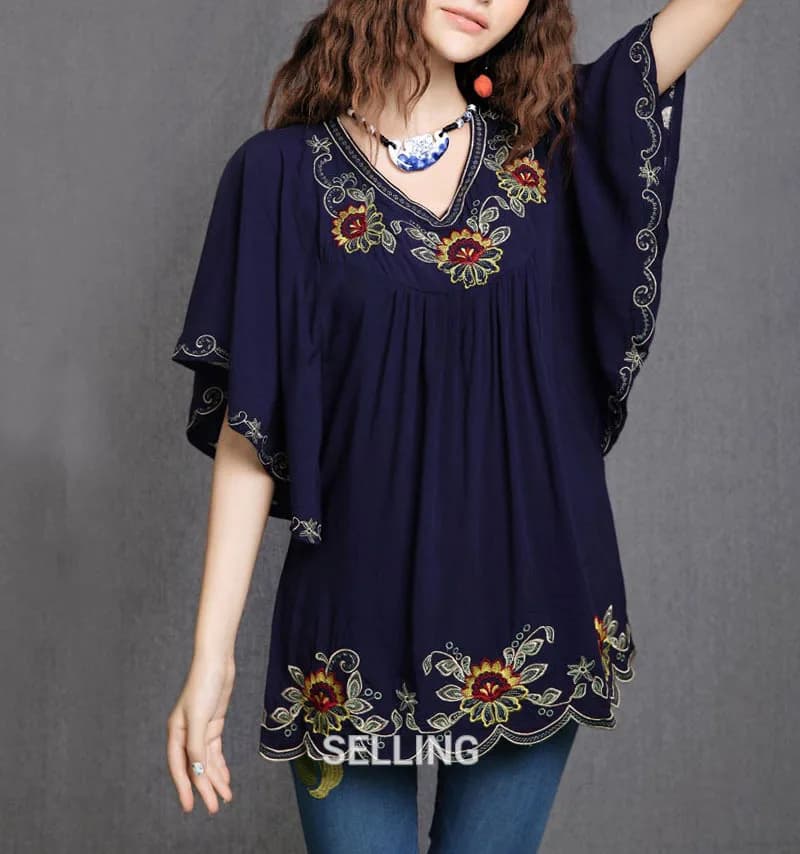 Tunique en coton brodé floral ethnique mexicain pour femmes, vêtements en Y, chemisier Boho décontra