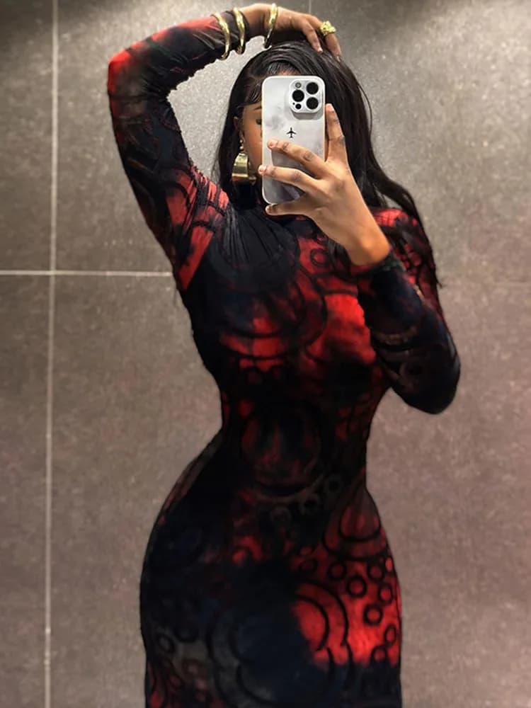 Robe Amincissante Femme Élégante Printemps Col Montant Imprimée Sexy Noire Manches Longues Vente en