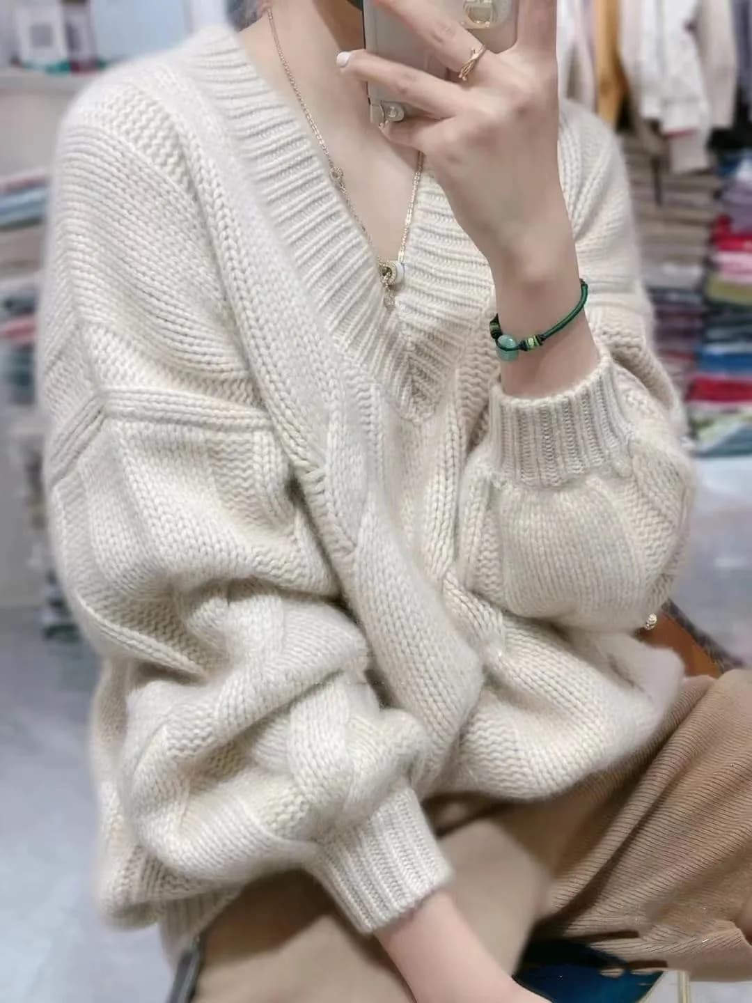 Nouvelle mode automne hiver femmes vêtements 100% laine mérinos col en v à manches longues qualité M