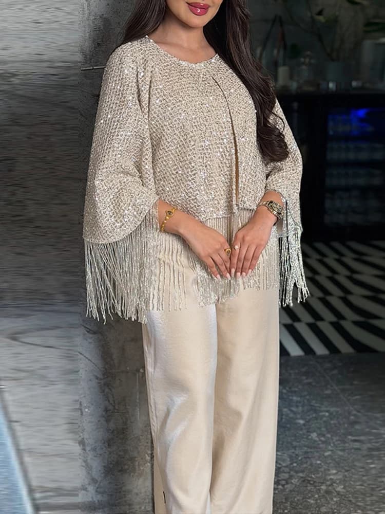 Tops châles oversize à sequins et franges pour femmes, col rond sexy, manches longues, brillants, co