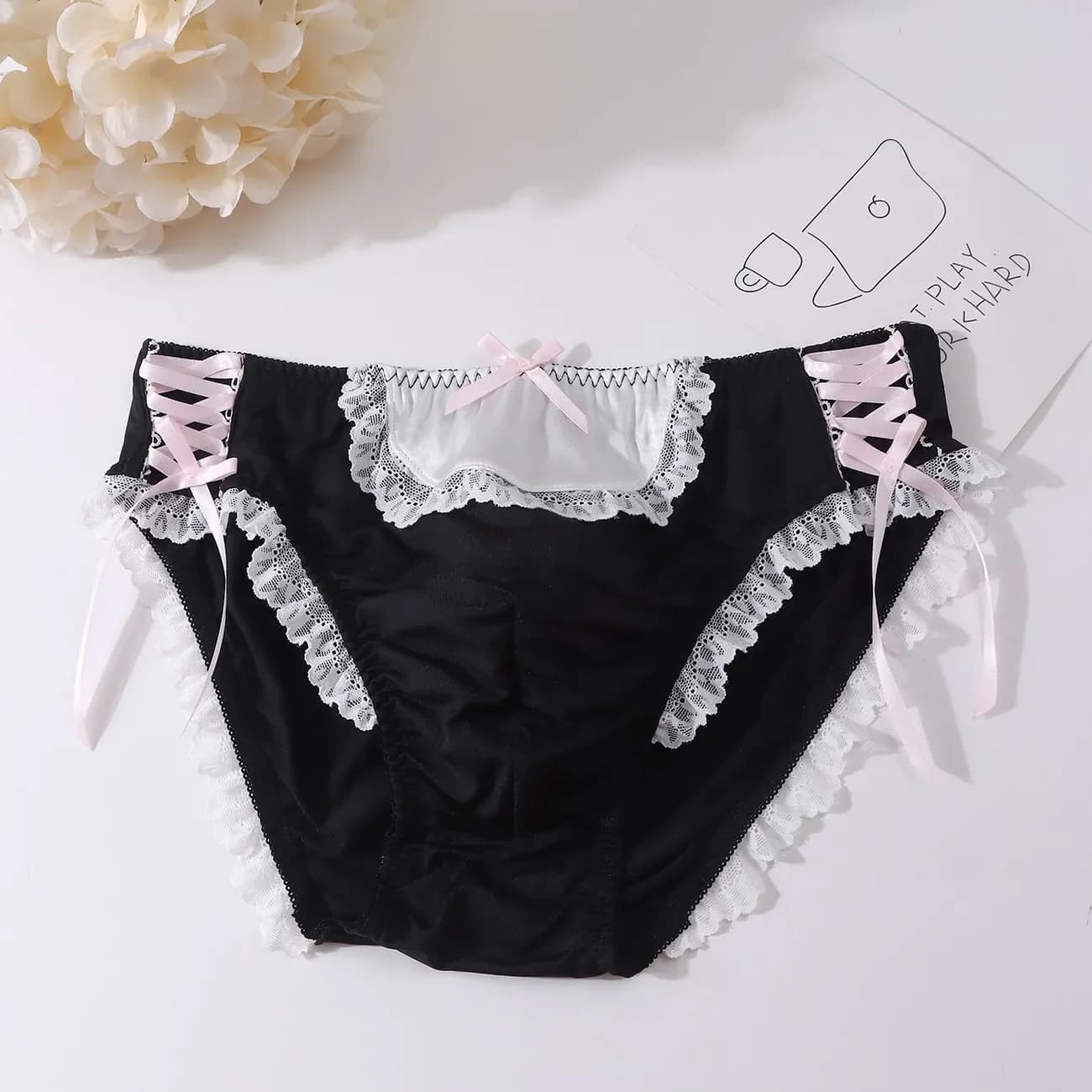 Culottes pour homme Sissy mignonnes avec nœud en ruban et dentelle, lingerie à poche convexe LGBQ, p