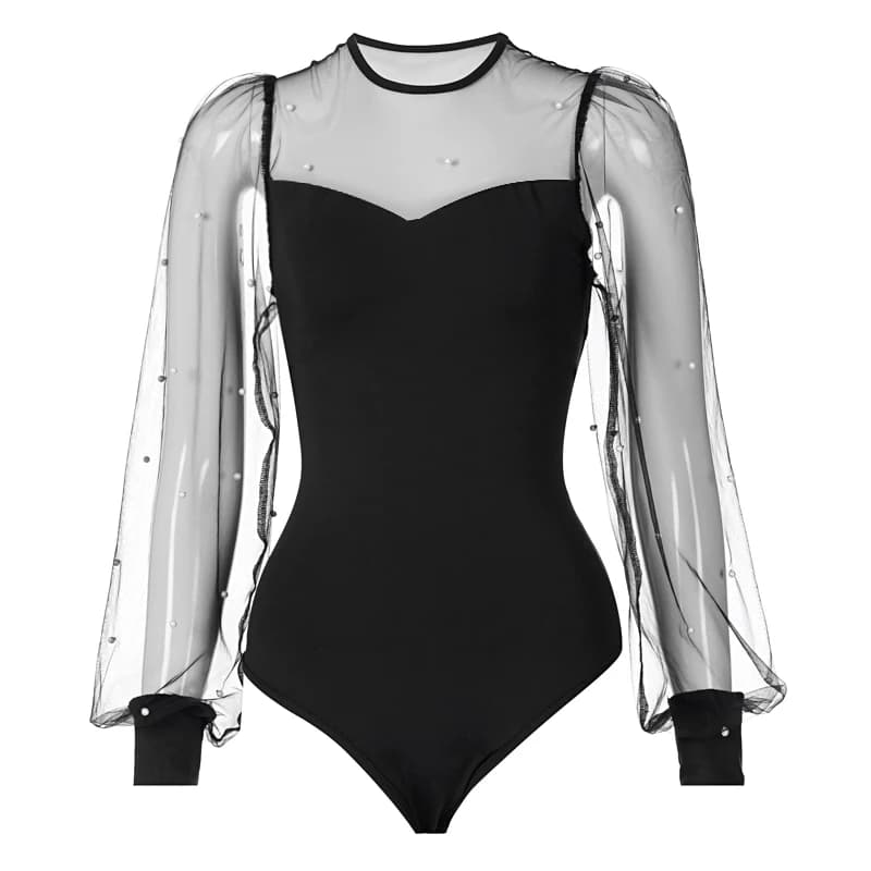 Body en maille perlée pour femmes, manches bouffantes, mode, manches longues, Vintage, haut, été, au