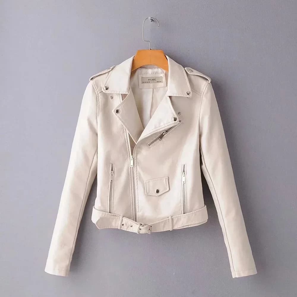 Mode femmes automne noir Faux cuir vestes dame Bomber moto Cool manteau d'extérieur avec ceinture of
