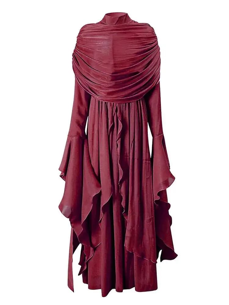 LGRQ 2025 nouvelle couleur vin vêtements pour femmes irrégulière plissée à volants rouge robe longue