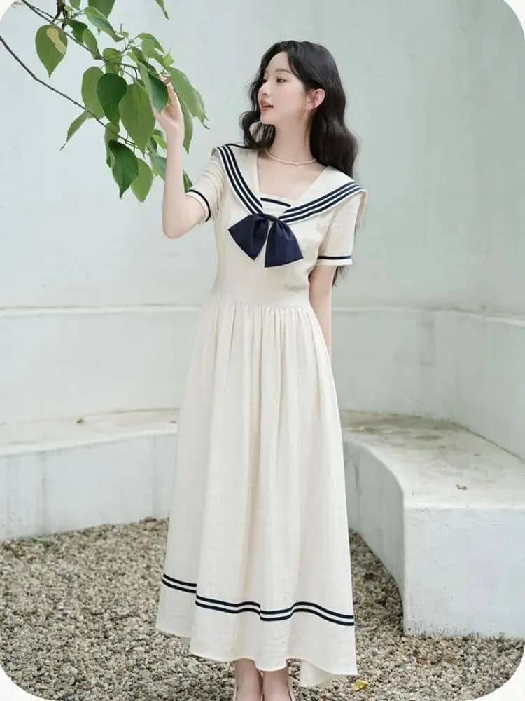 Style Preppy femmes robe douce col marin nœud robes Vintage pour mince dame Mori fille robes longues