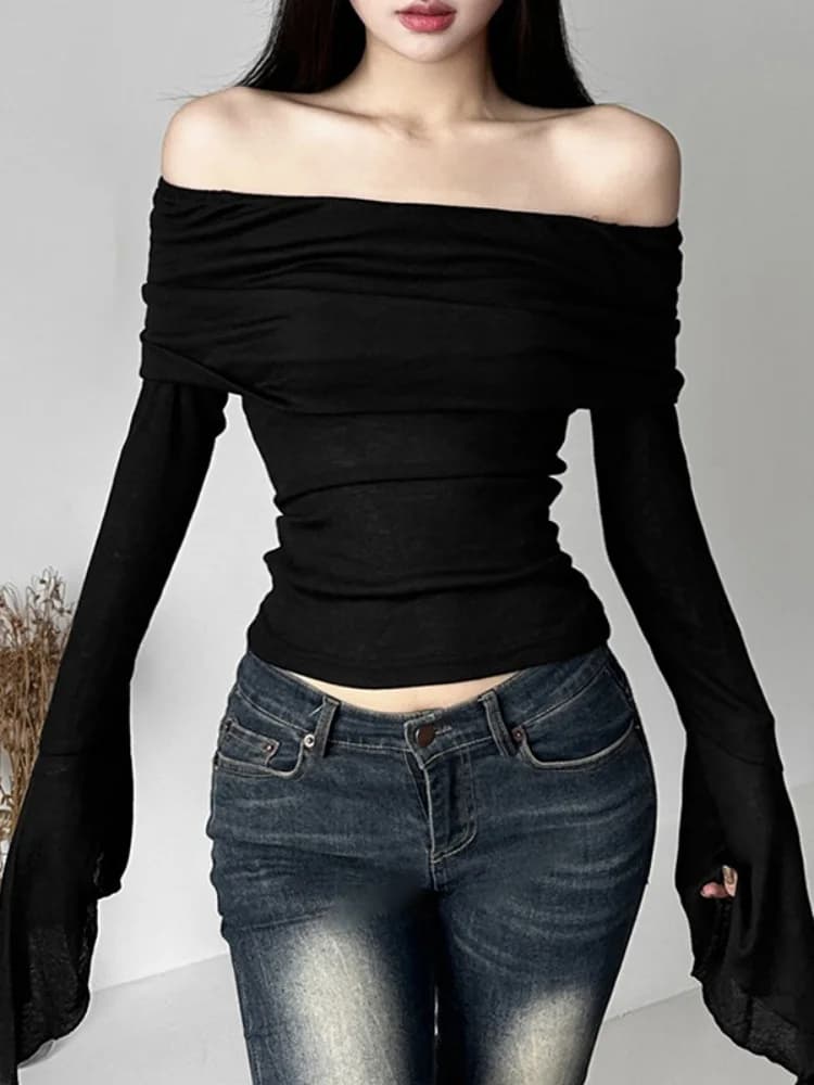 T-shirt à épaules dénudées pour femmes, Streetwear à manches longues, haut Y2k, Sexy, Slim Fit, vête