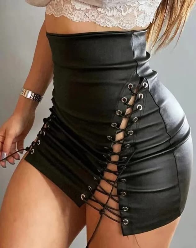 Femmes à lacets jupe en cuir PU 2025 mode d'été taille haute Sexy oeillet maigre couleur unie moulan