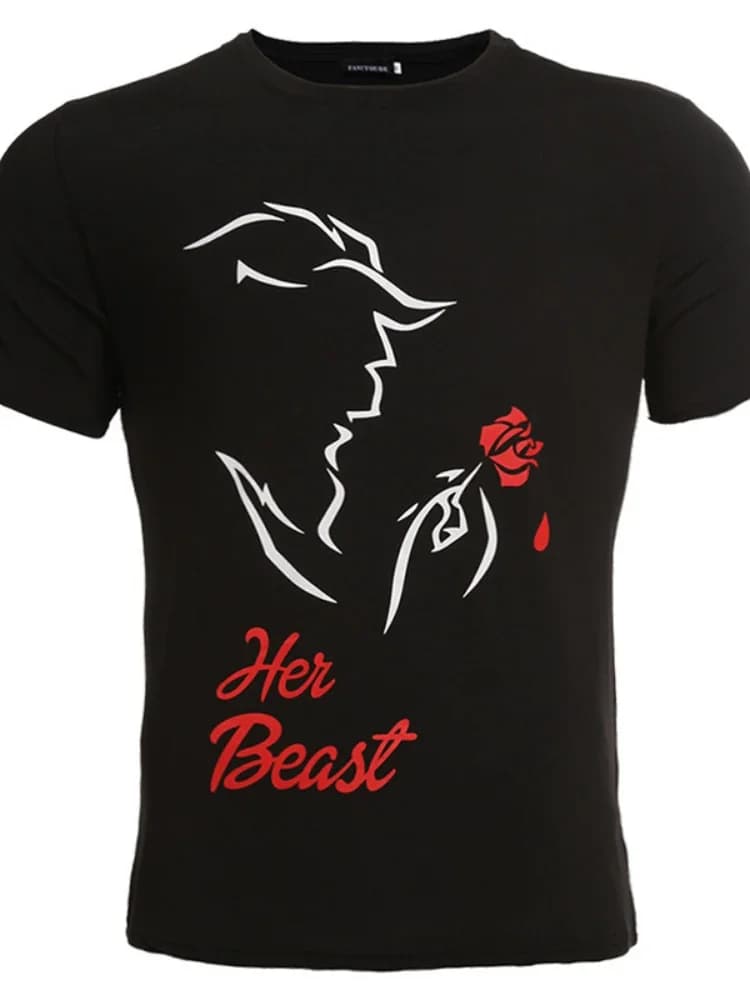 Sa beauté sa bête imprimer Couple t-shirt à manches courtes col rond ample roi reine t-shirt amoureu