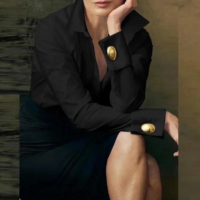 Mode femmes bouton chemise Blouses blanc noir bureau hauts femme col rabattu à manches longues chemi