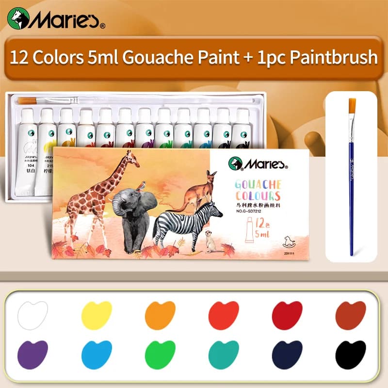 Marie's – ensemble de peinture Gouache 12 couleurs et 1 pinceau pour peinture sur toile, aquarelle, 
