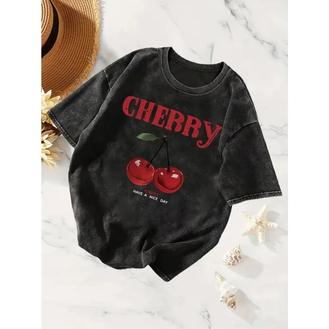 T-shirt imprimé cerise rouge pour femme, décontracté, col rond, délavé, unisexe, streetwear d'été