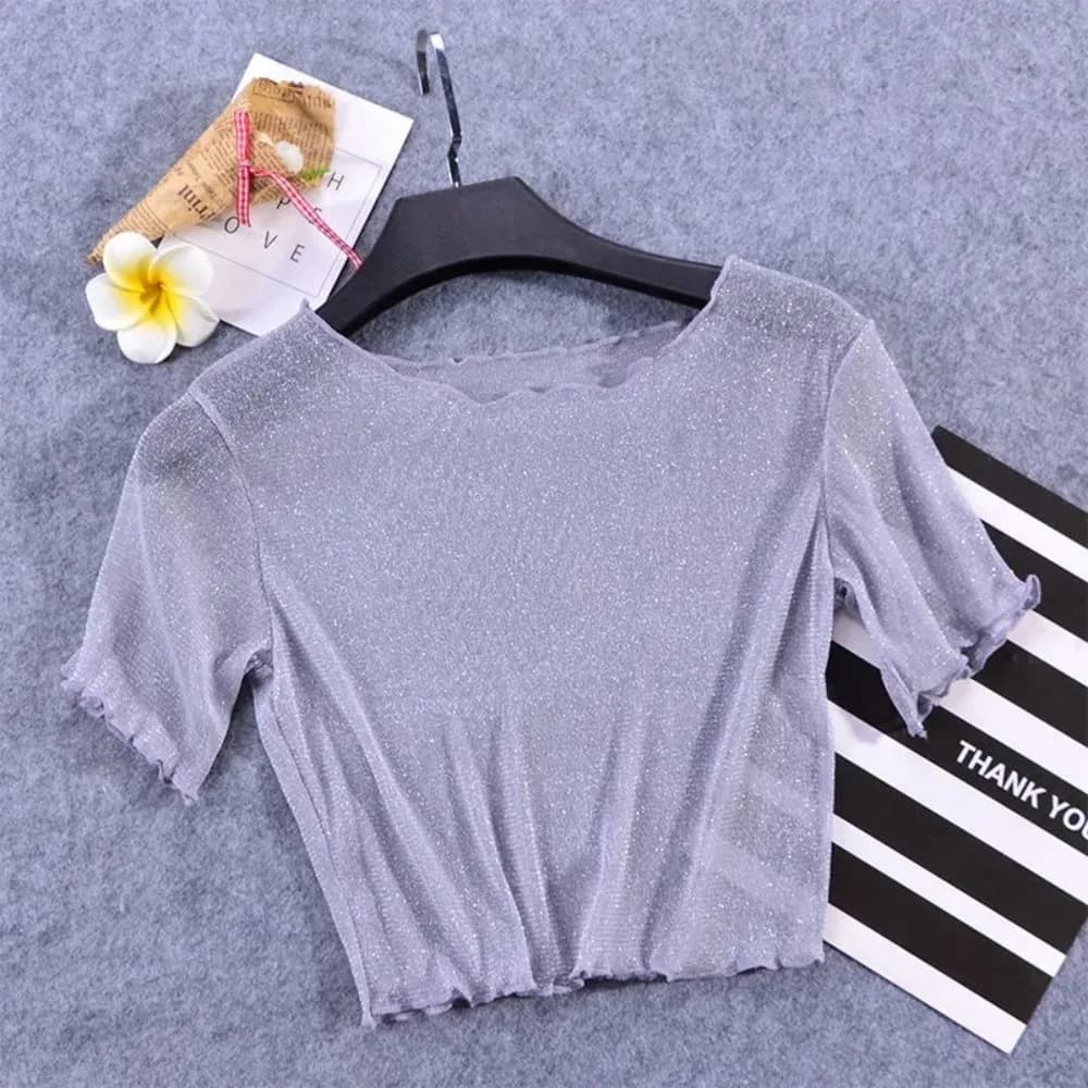 Chemise courte nombril exposé pour femme, demi-coupe, manches courtes, mode douce, vêtements en mail